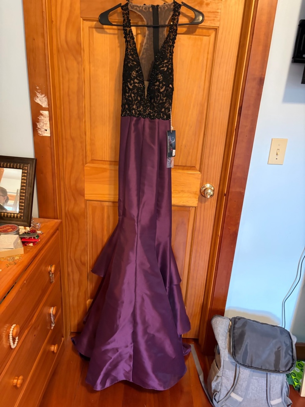Plunging Lace Bodice Purple Mermaid Evening Dress